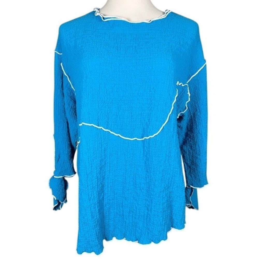 IC Collection Womens Blue Popcorn Texture Lettuce Edge Top O-Ring Zip Large USA